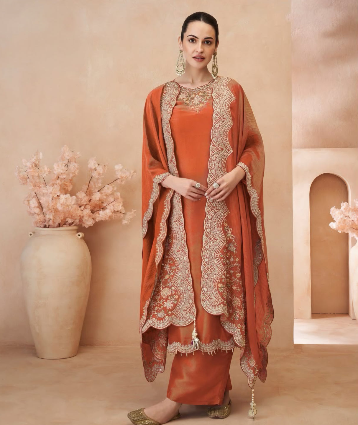 Burnt Orange Embroidered Kurta Set