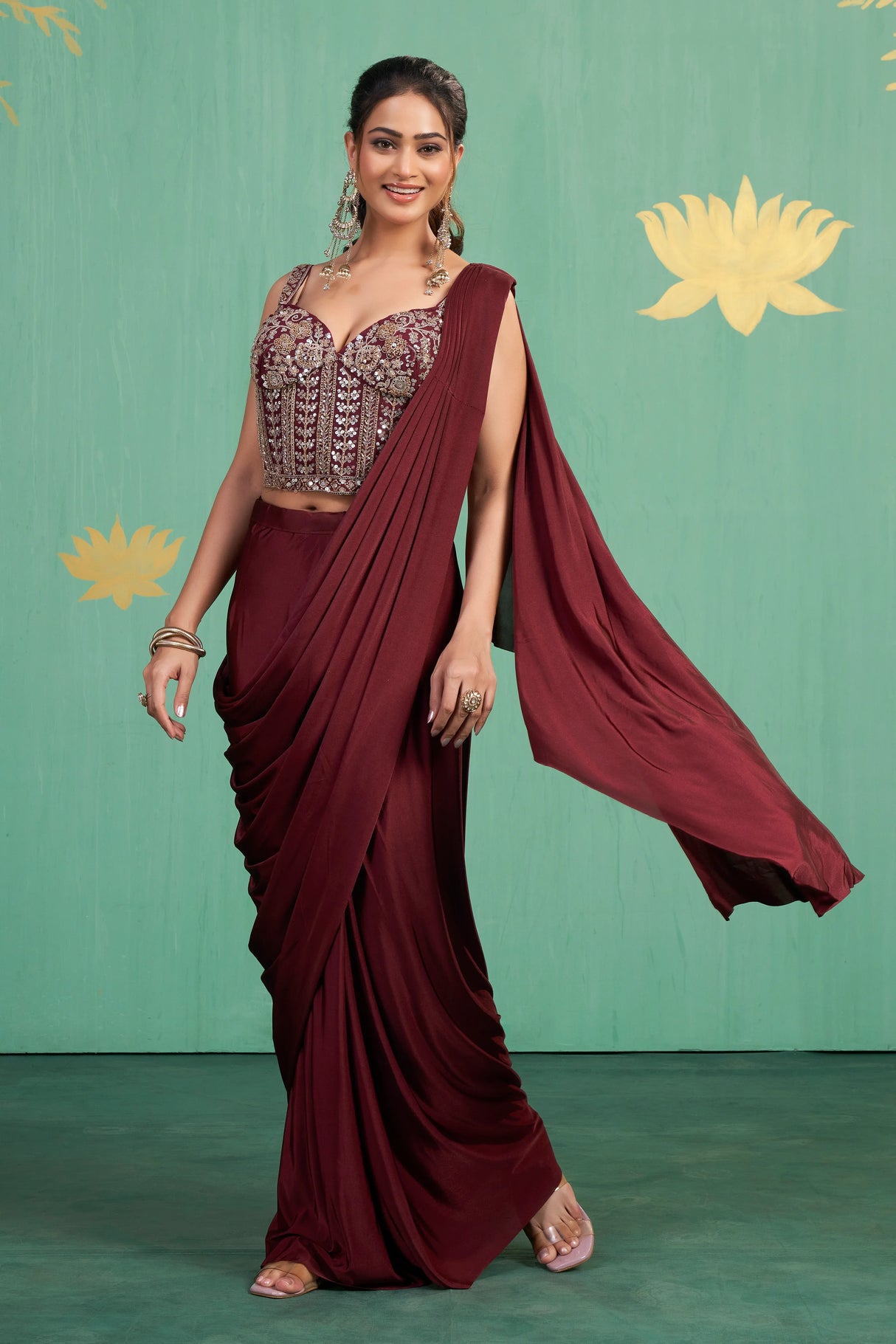 Wine Mirror Embroidered Saree Gown – Luxe Drape with Contemporary Charm - MishUUU
