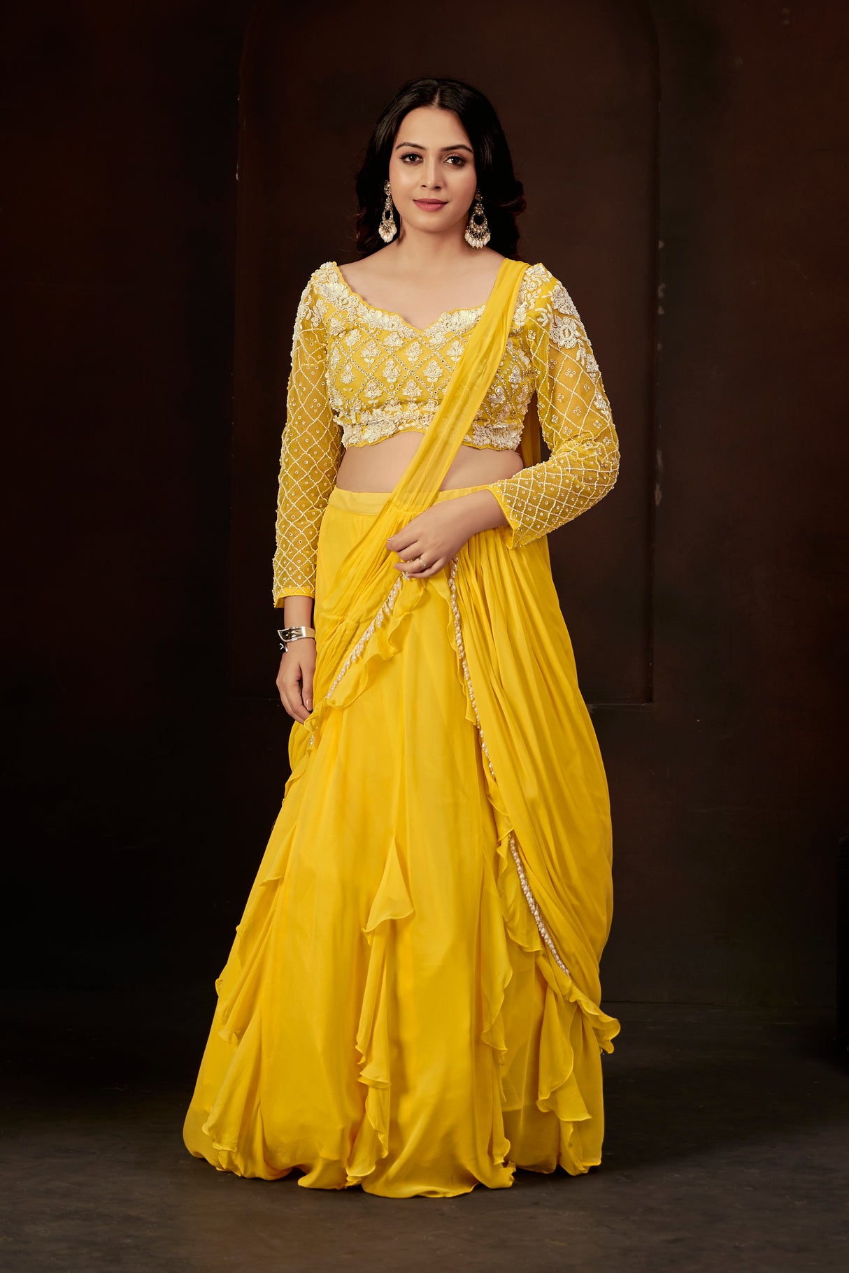 Radiant Yellow Embroidered Full-Sleeve Blouse & Cascading Ruffle Skirt Set