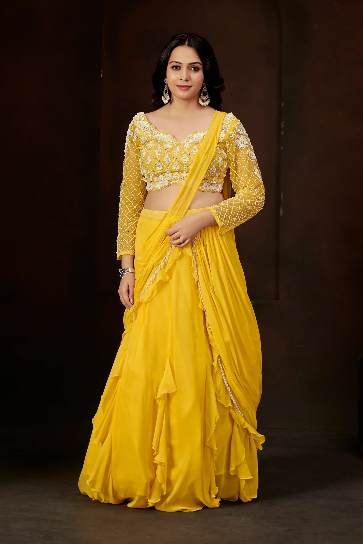 Radiant Yellow Embroidered Full-Sleeve Blouse & Cascading Ruffle Skirt Set - MishUUU