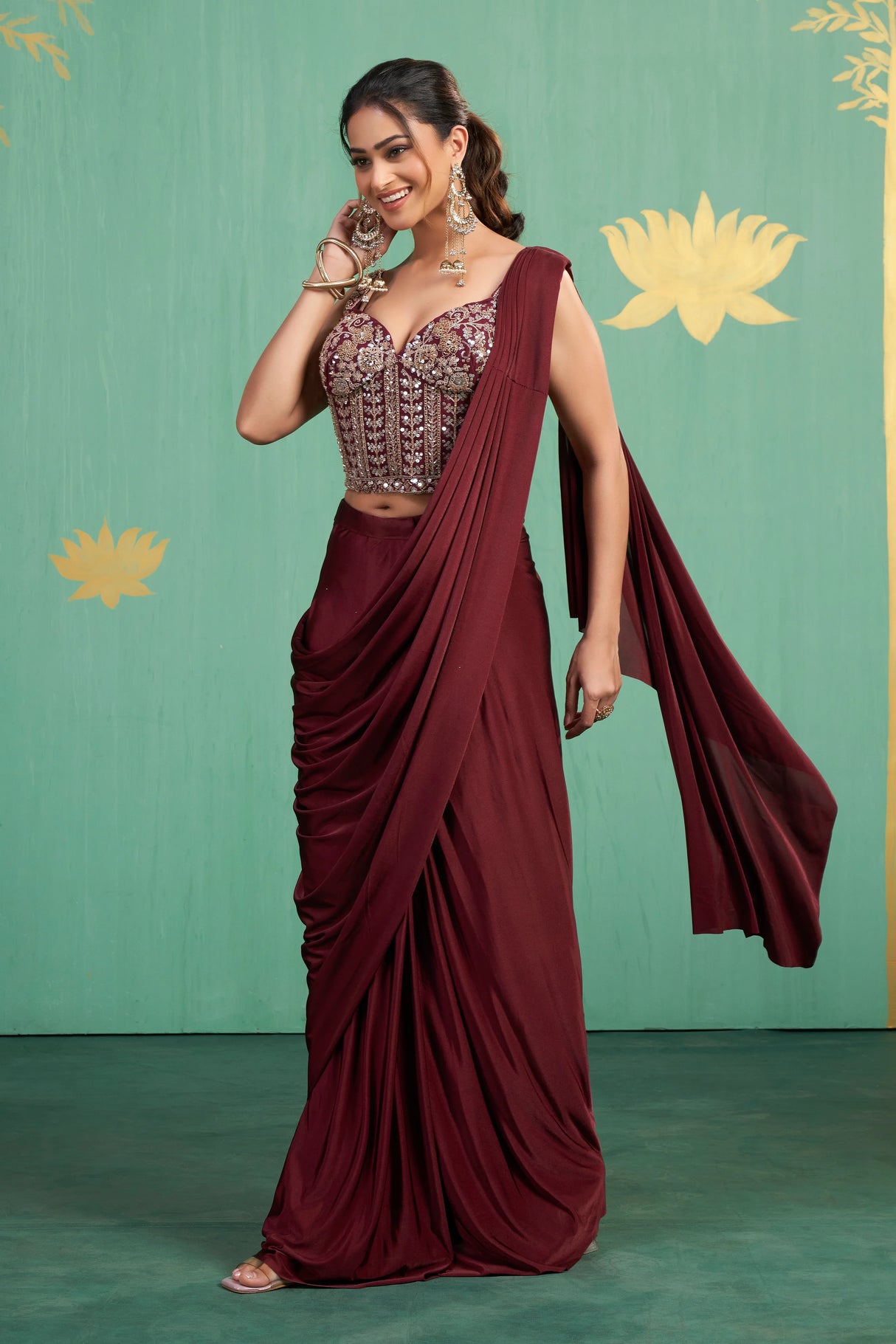 Wine Mirror Embroidered Saree Gown – Luxe Drape with Contemporary Charm - MishUUU
