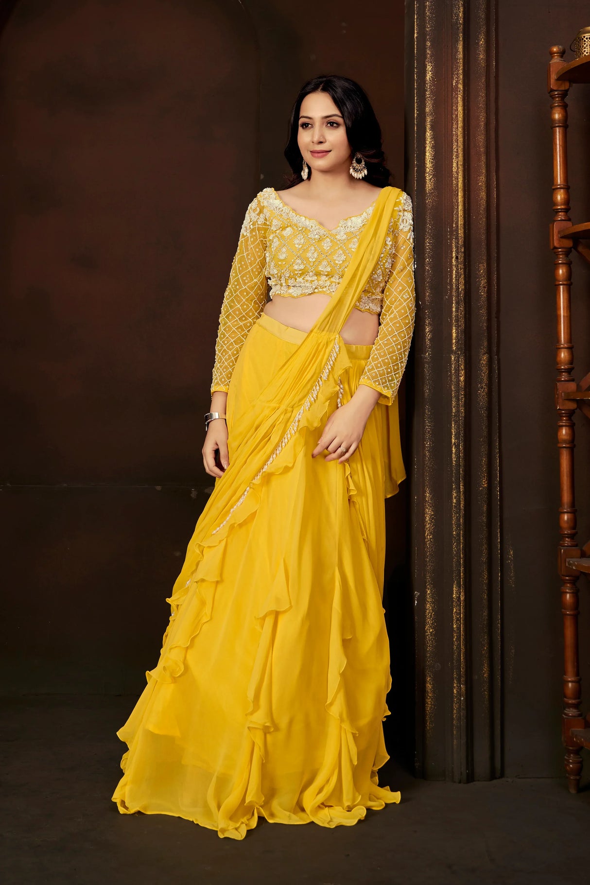 Radiant Yellow Embroidered Full-Sleeve Blouse & Cascading Ruffle Skirt Set - MishUUU