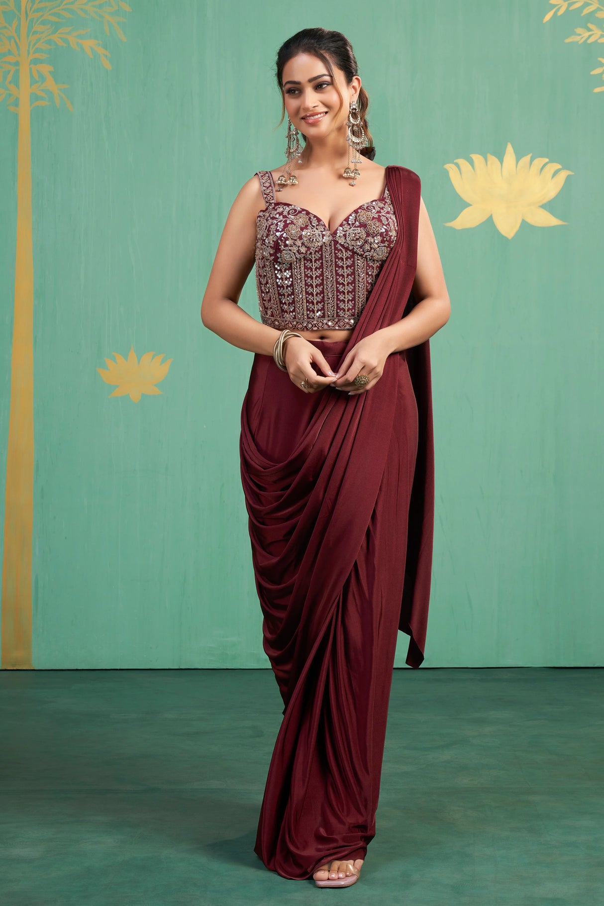 Wine Mirror Embroidered Saree Gown – Luxe Drape with Contemporary Charm - MishUUU