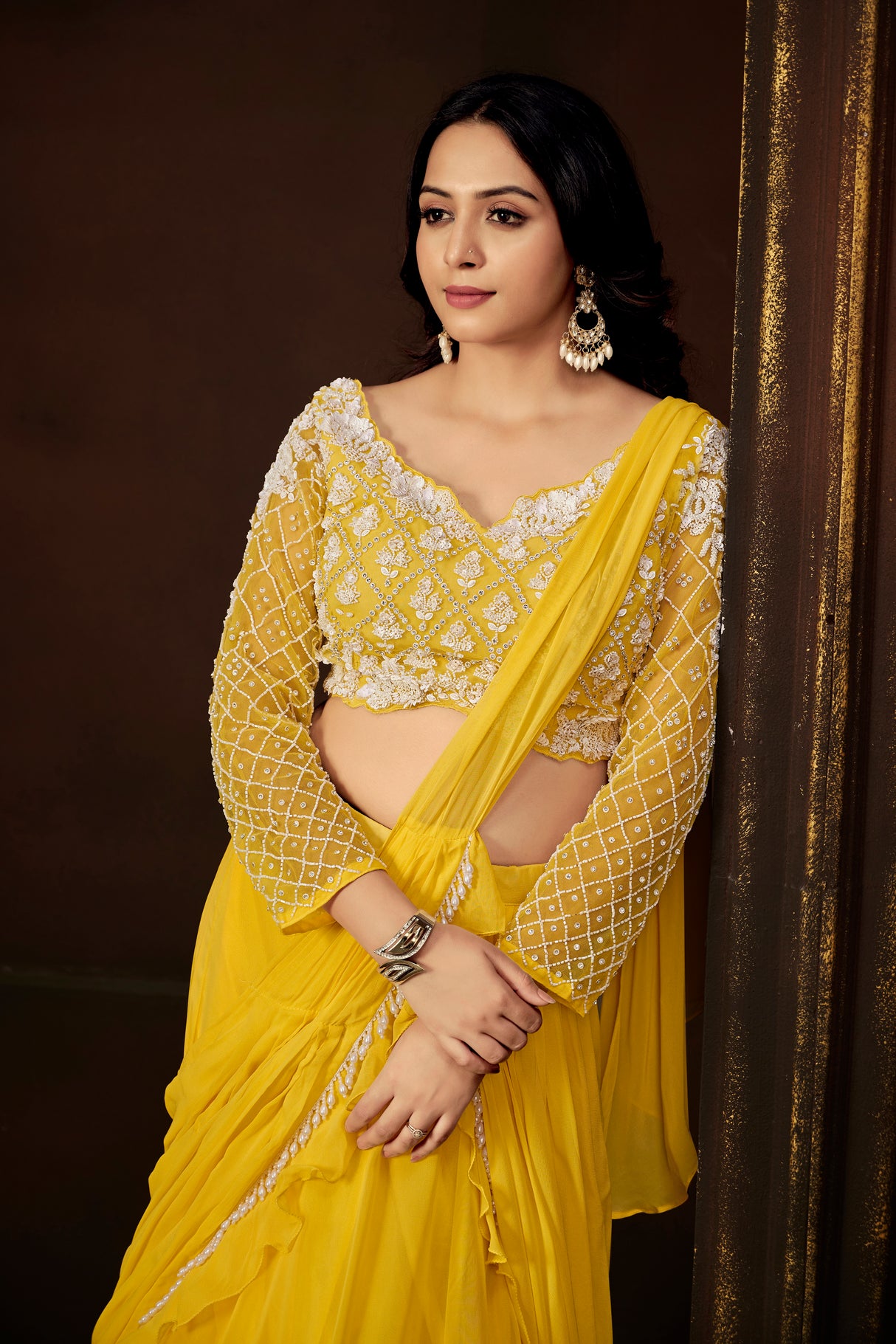 Radiant Yellow Embroidered Full-Sleeve Blouse & Cascading Ruffle Skirt Set