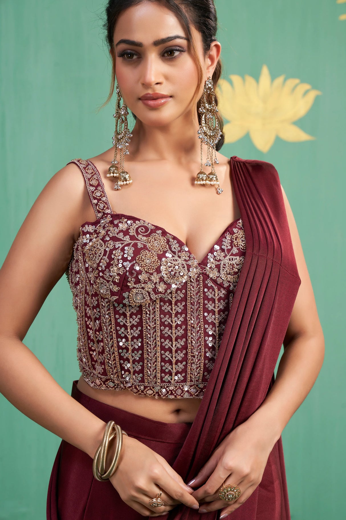 Wine Mirror Embroidered Saree Gown – Luxe Drape with Contemporary Charm - MishUUU