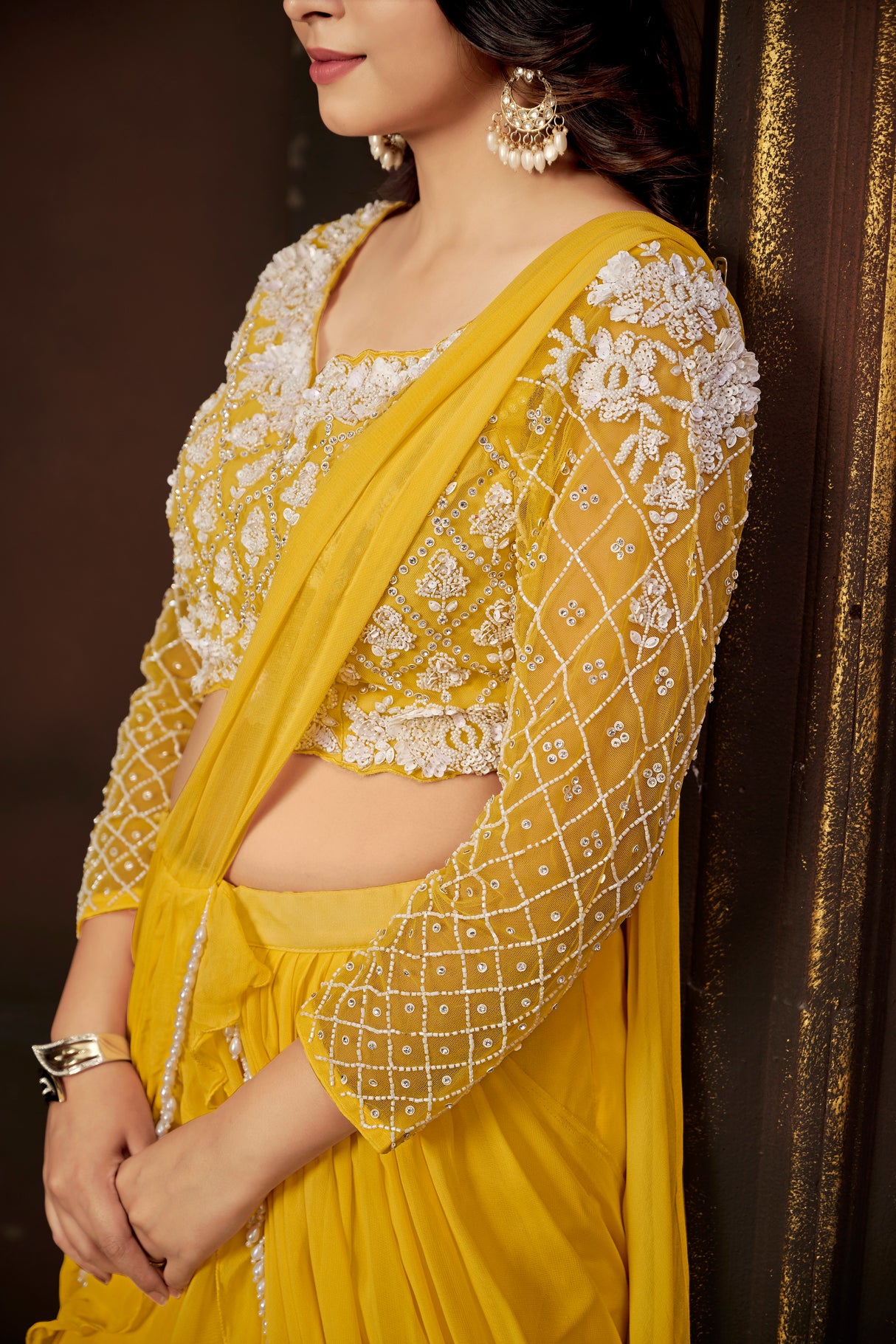 Radiant Yellow Embroidered Full-Sleeve Blouse & Cascading Ruffle Skirt Set