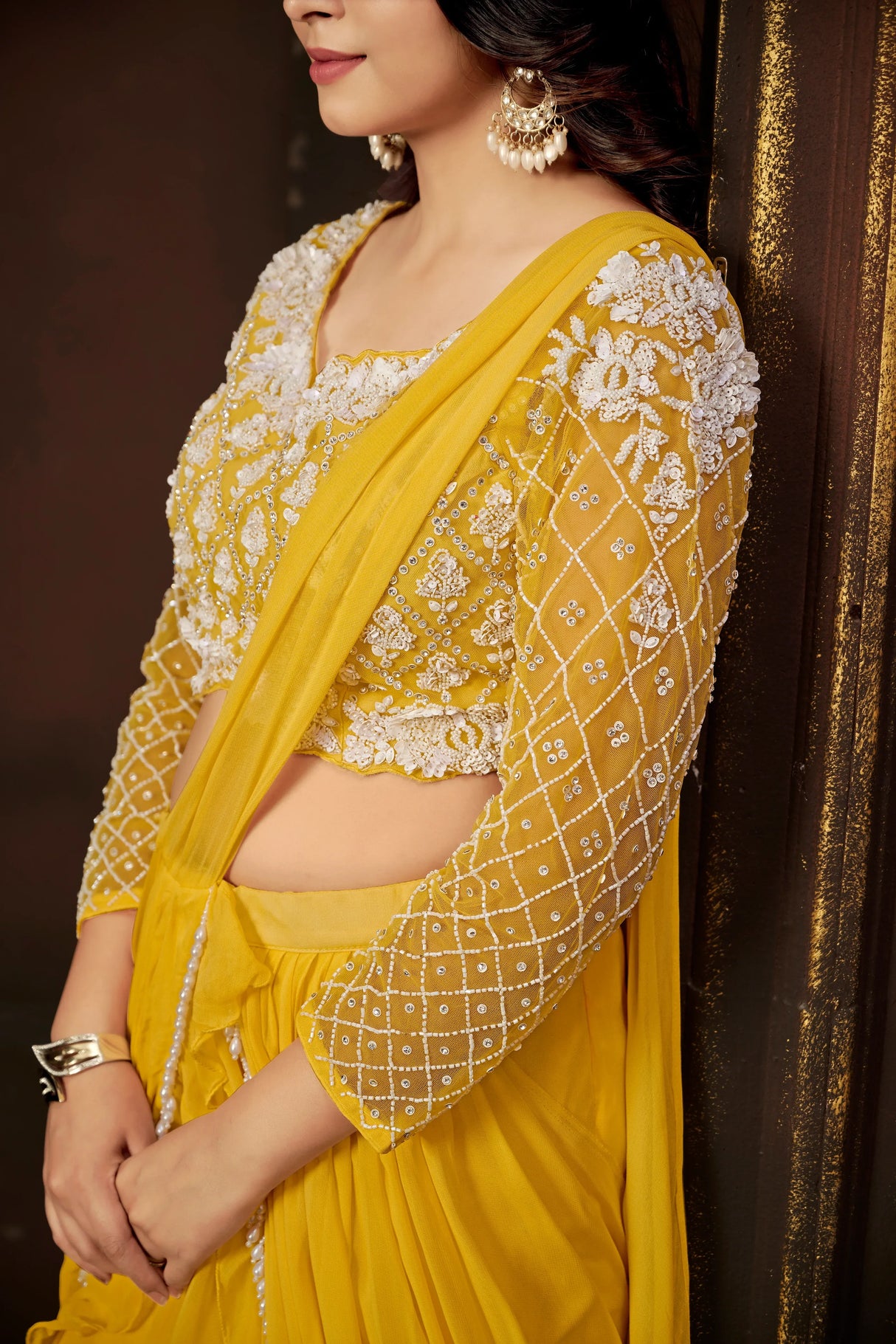 Radiant Yellow Embroidered Full-Sleeve Blouse & Cascading Ruffle Skirt Set - MishUUU