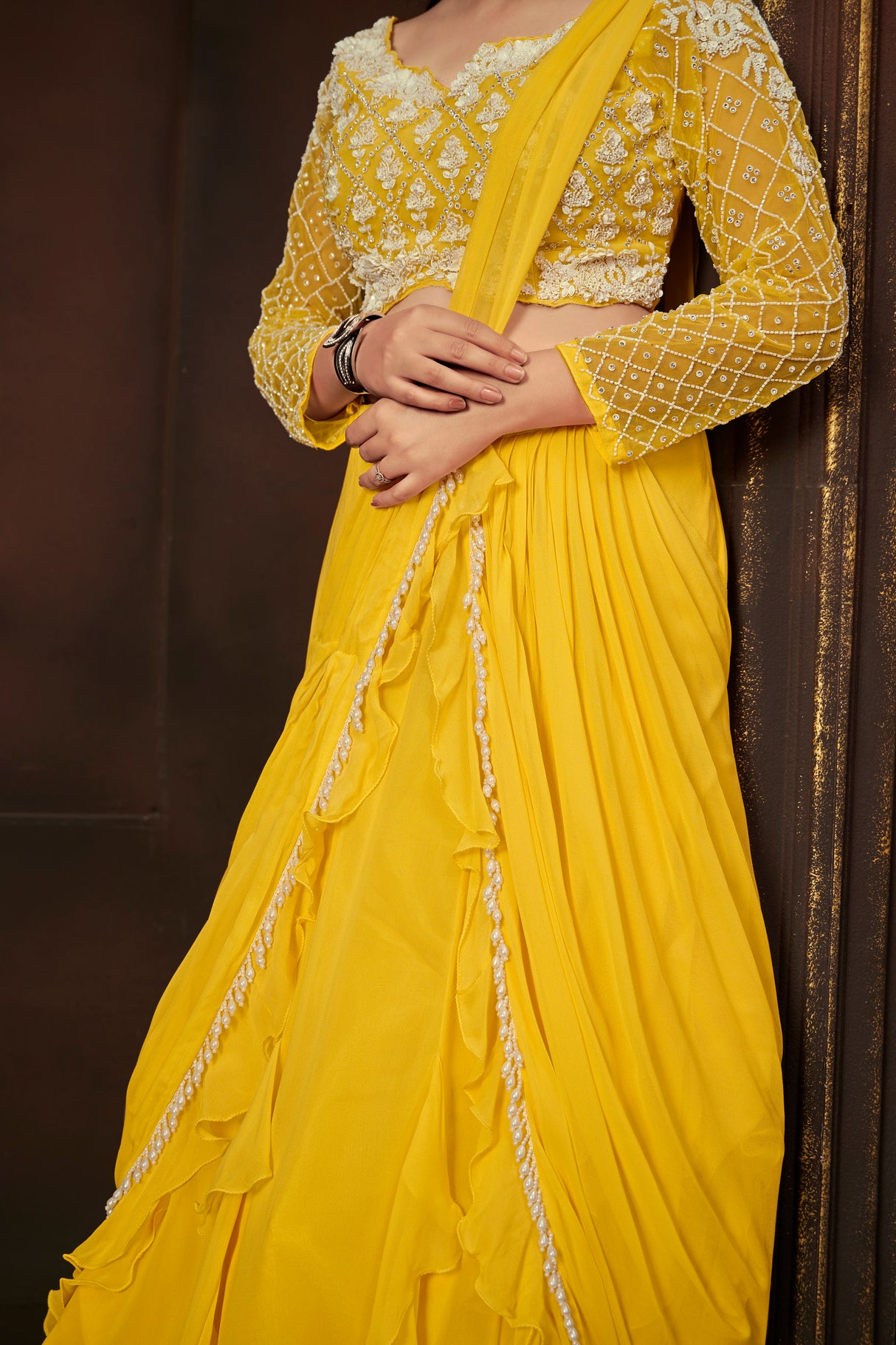 Radiant Yellow Embroidered Full-Sleeve Blouse & Cascading Ruffle Skirt Set