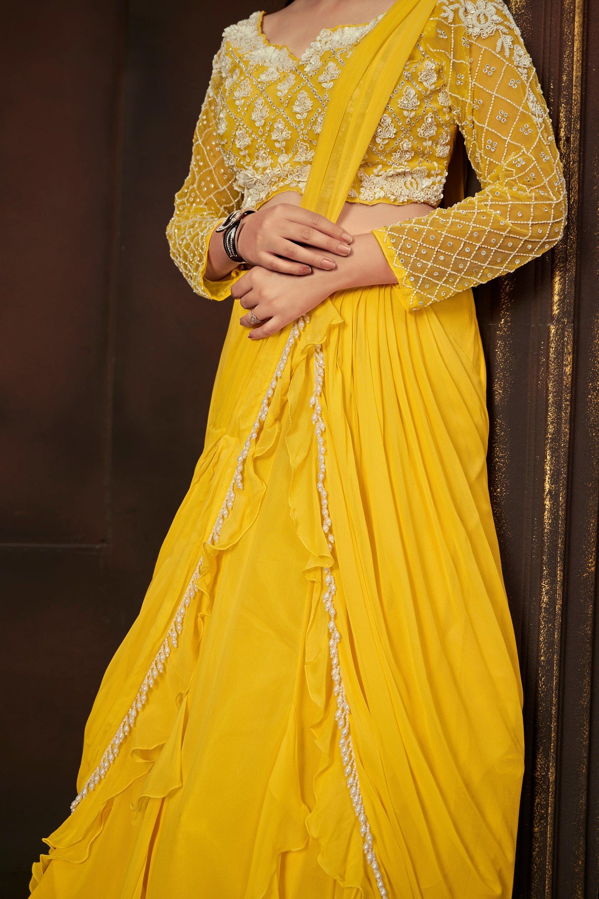 Radiant Yellow Embroidered Full-Sleeve Blouse & Cascading Ruffle Skirt Set - MishUUU