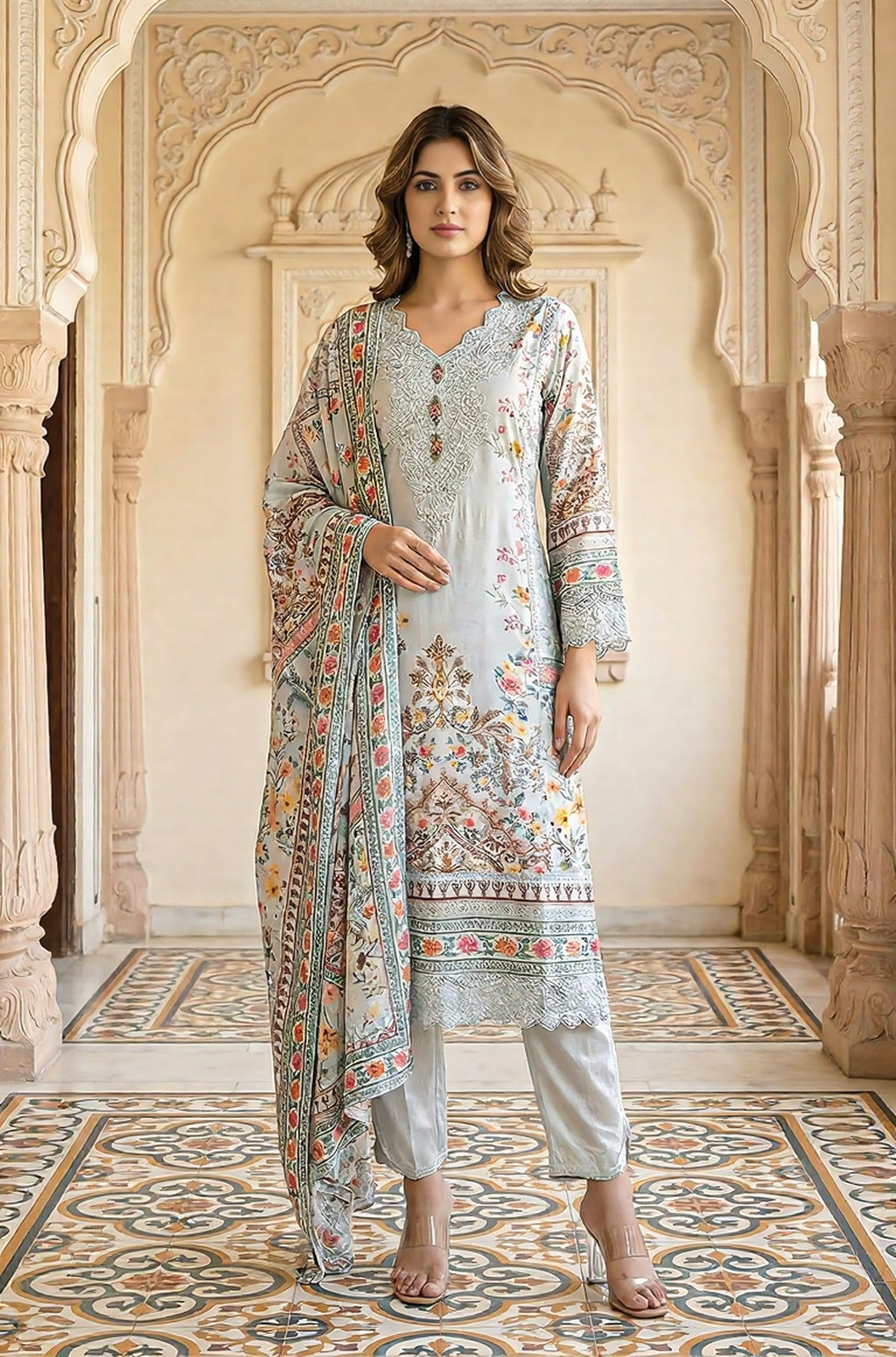 Ivory Garden Printed Embroidered Suit Set