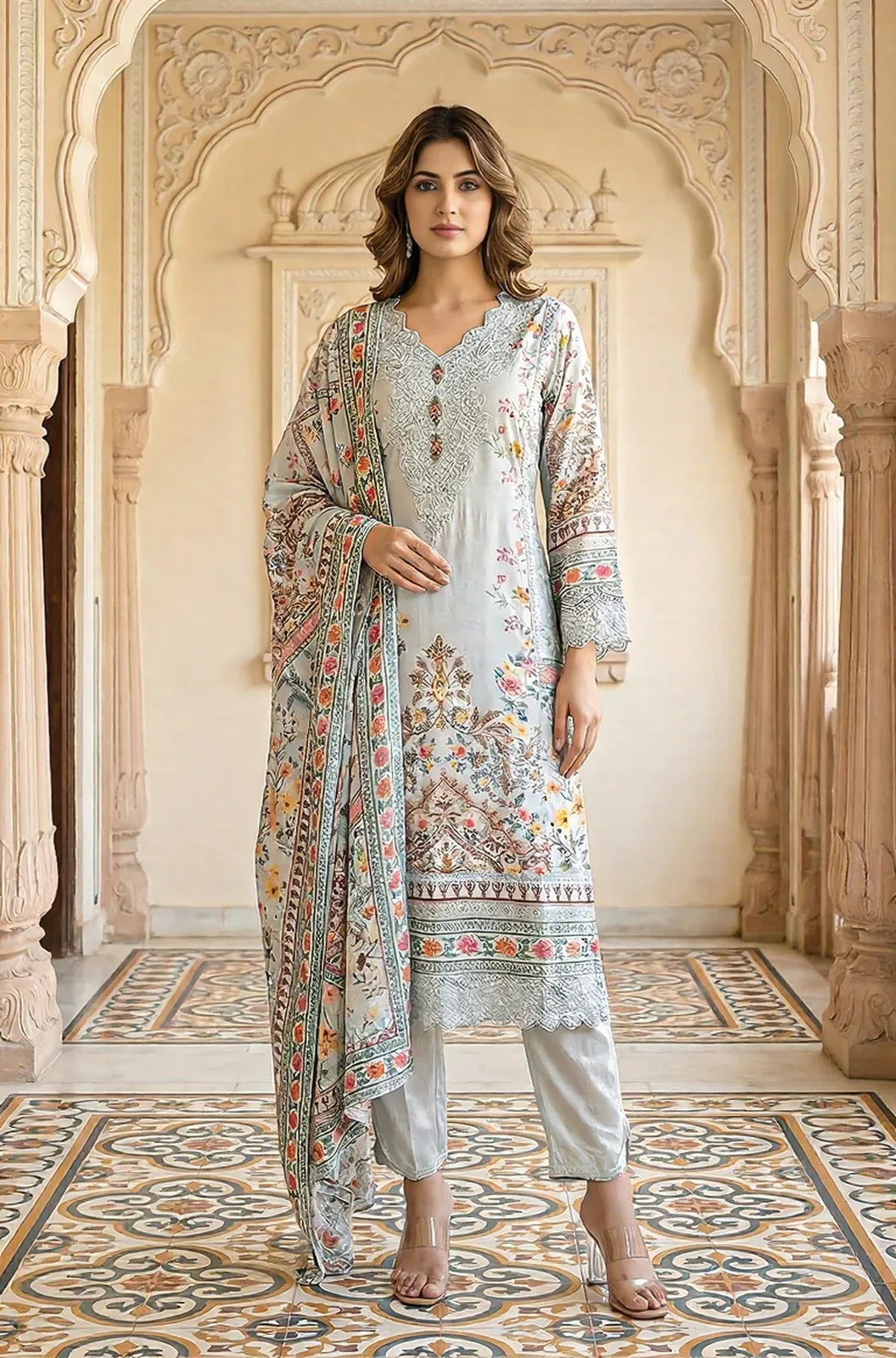 Ivory Garden Printed Embroidered Suit Set - MishUUU