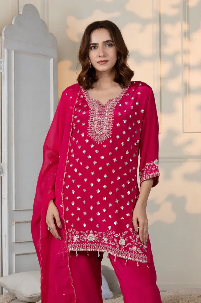 Hot Pink Embroidered Kurta Pant Set with Dupatta - MishUUU