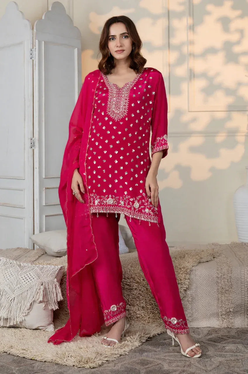 Hot Pink Embroidered Kurta Pant Set with Dupatta - MishUUU