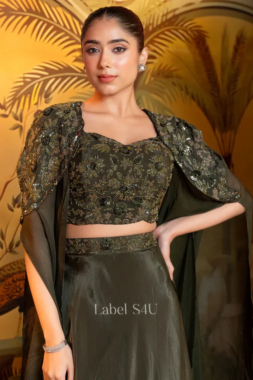 Olive Green Cape Lehenga with Handcrafted Crop Top | Label S4U - MishUUU