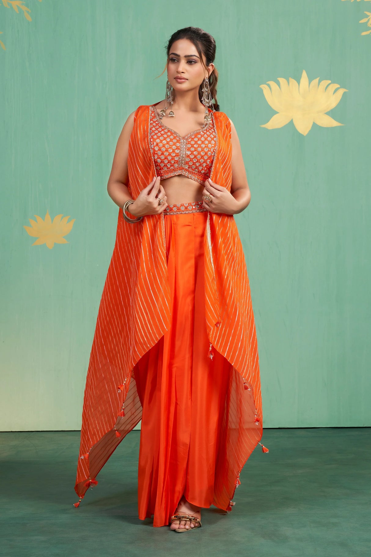 Tangerine Mirror Embroidered Lehenga Skirt Set – Vibrant Fusion of Energy and Elegance - MishUUU