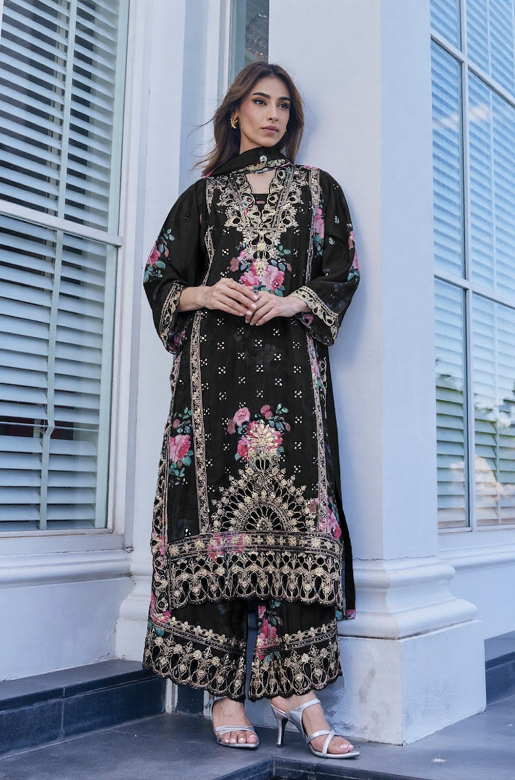 Black Floral Embroidered Luxury Suit Set