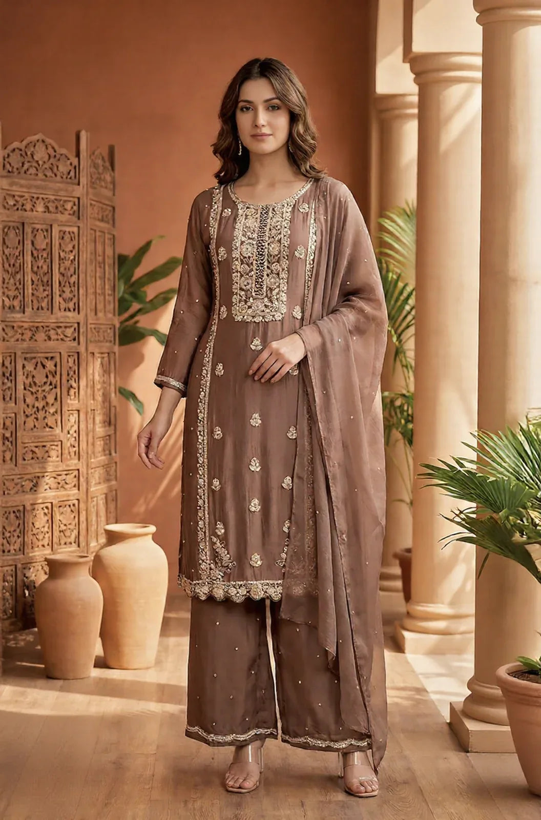 Mocha Brown Embroidered Luxury Suit Set - MishUUU
