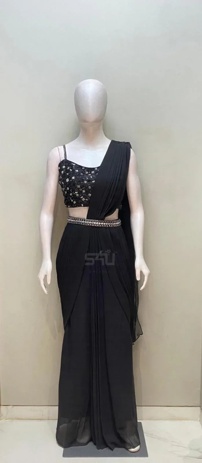 Black Pre-Draped Saree Set | Label S4U - MishUUU