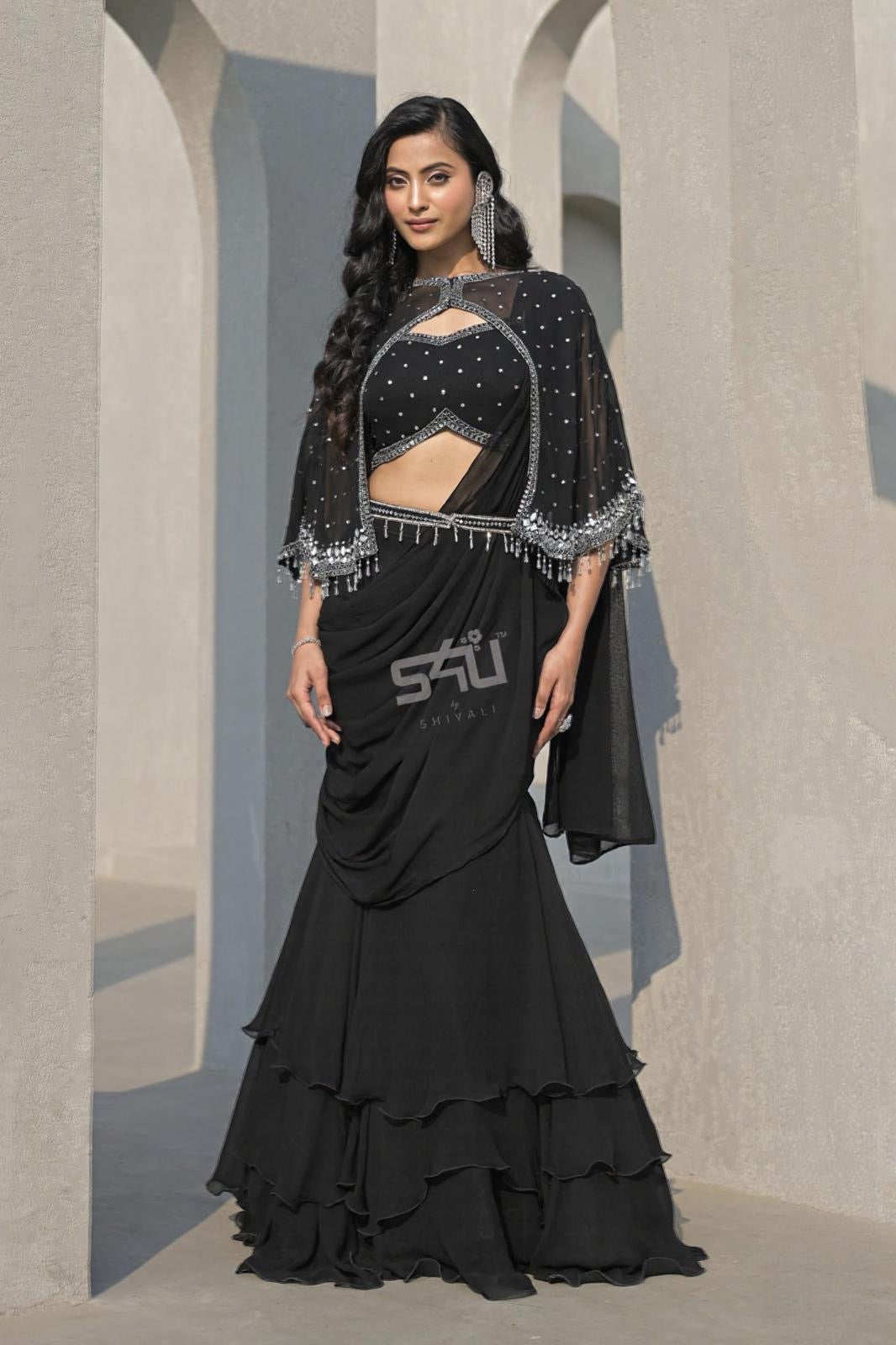 Black Drape Saree Gown with Cape | Label S4U