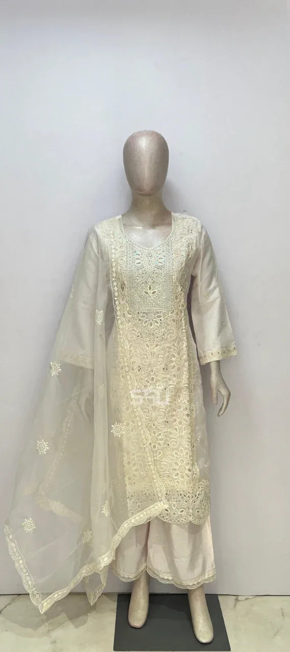 Ivory Chikankari Embroidered Kurta Set - MishUUU