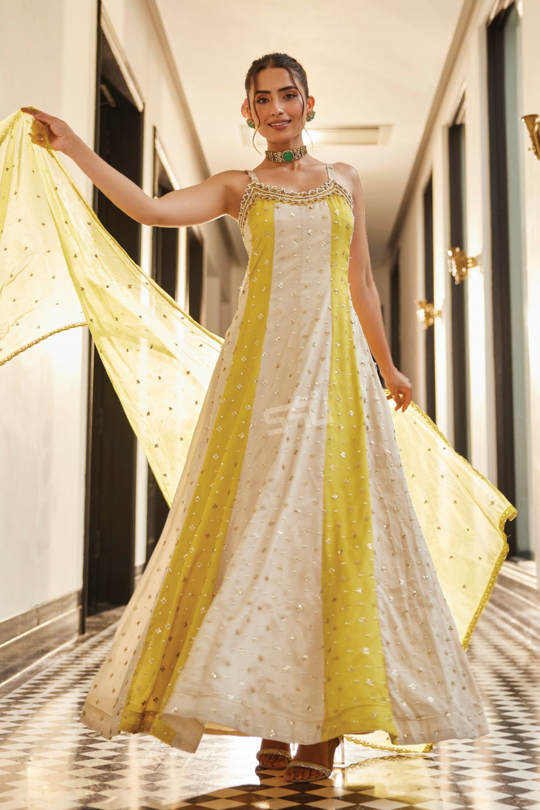 Lemon Ivory Mirror Anarkali Couture Ensemble