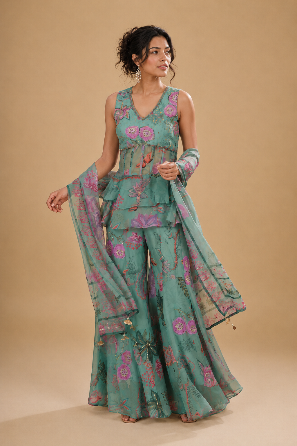 Sea Green Floral Peplum Sharara Ensemble