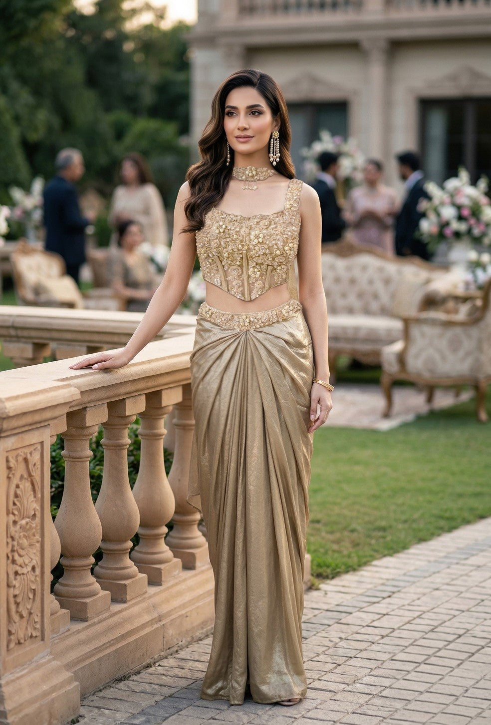 Champagne Gold Corset Saree Set