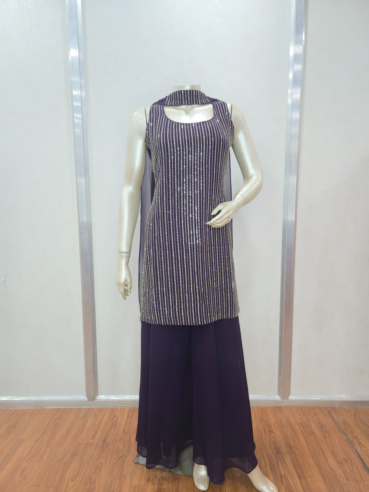 Midnight Purple Sequin Sharara Set – Designer Sleeveless Kurta with Dupatta