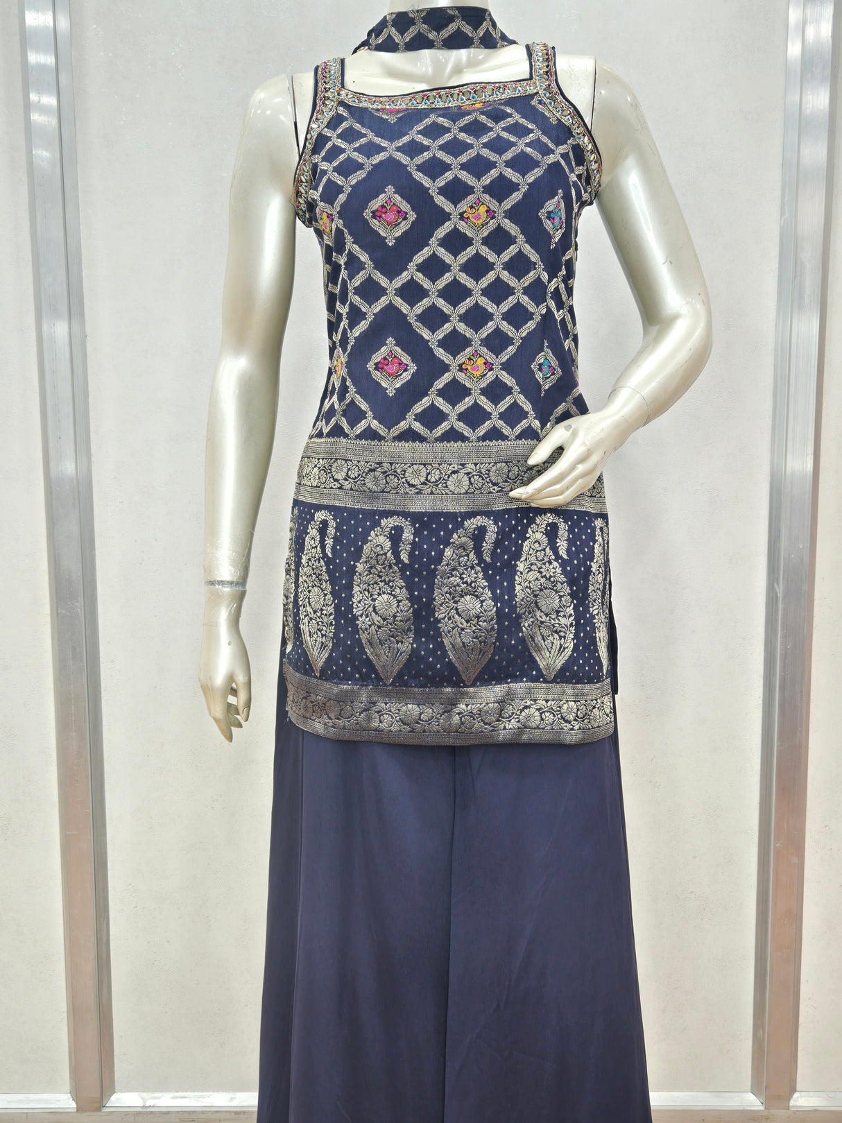 Navy Blue Embroidered Sharara Set – Halter Neck Kurti with Flared Pants