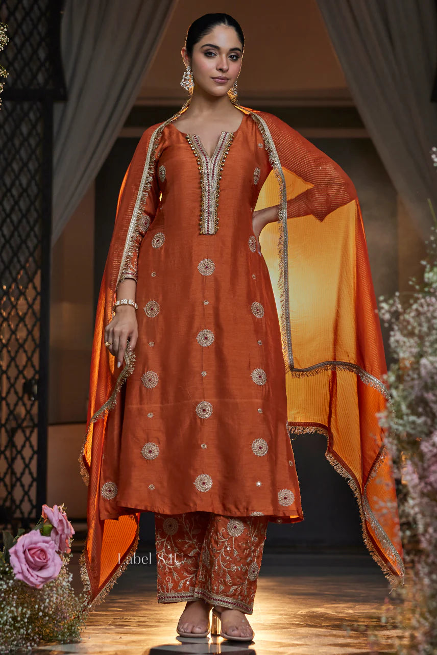 Rust Orange Handcrafted Silk Suit Set | Label S4U