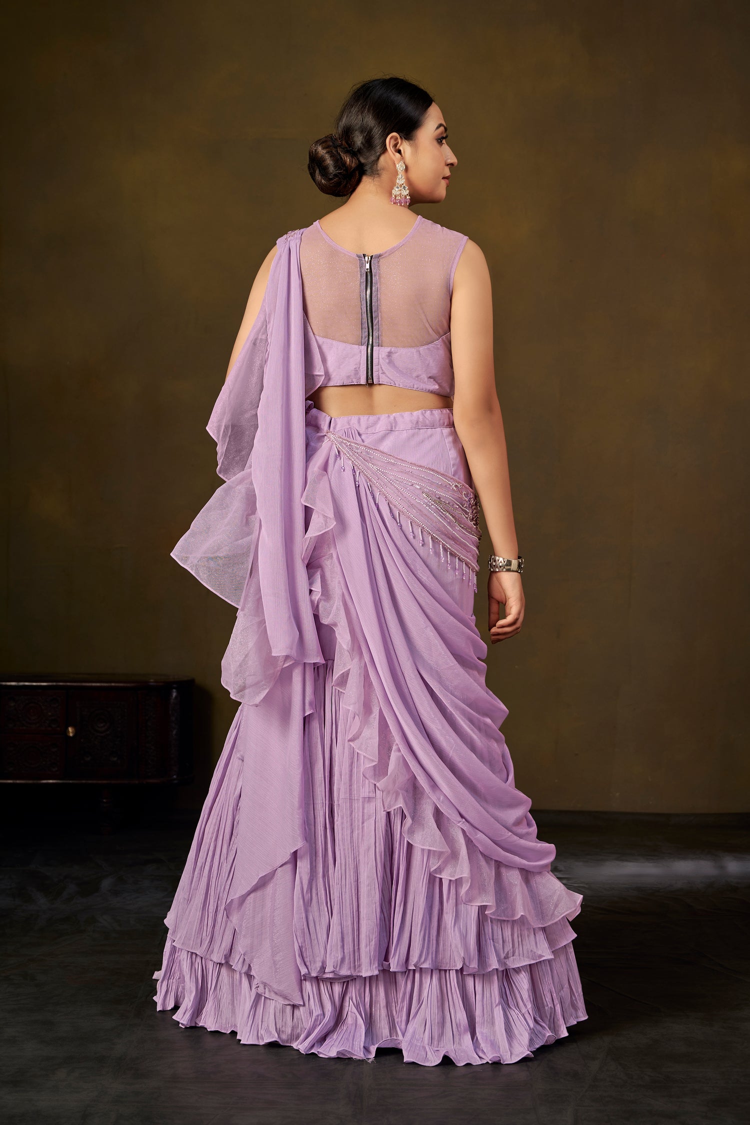 Lavender Embellished Crop Top with Ruffled Saree Skirt & Pre-Draped Pallu