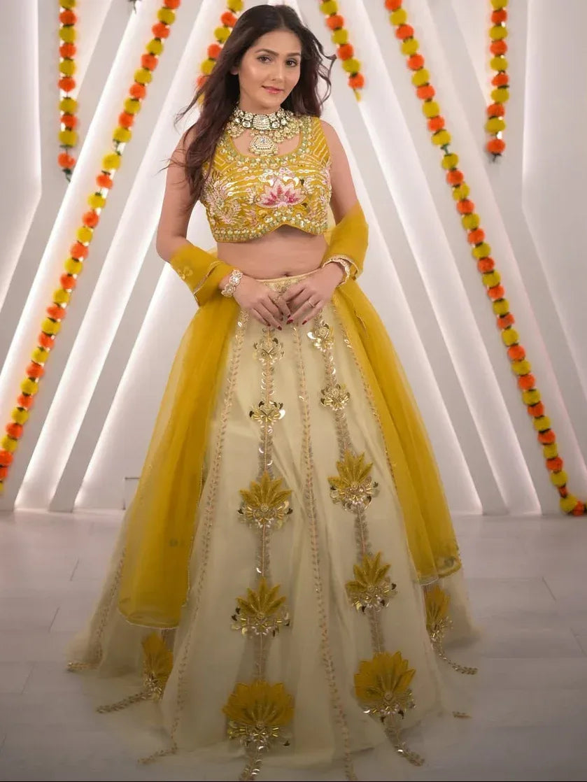 Mustard Yellow Floral Lehenga Set - MishUUU