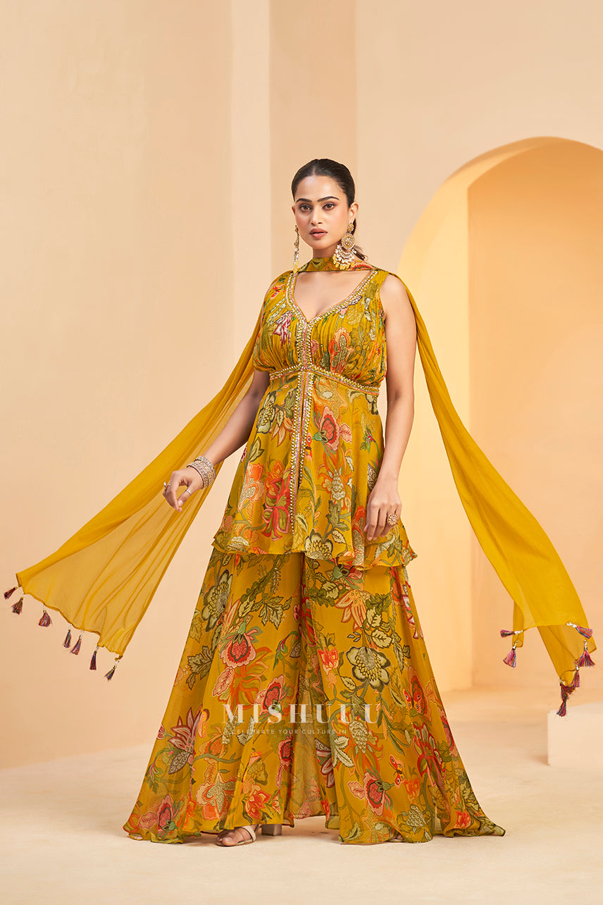 Mehfil Blossom Yellow Peplum Sharara Set