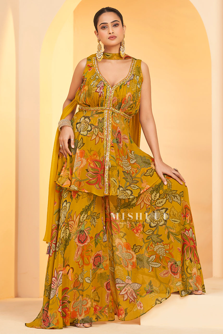Mehfil Blossom Yellow Peplum Sharara Set