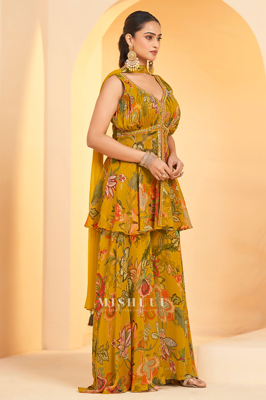 Mehfil Blossom Yellow Peplum Sharara Set