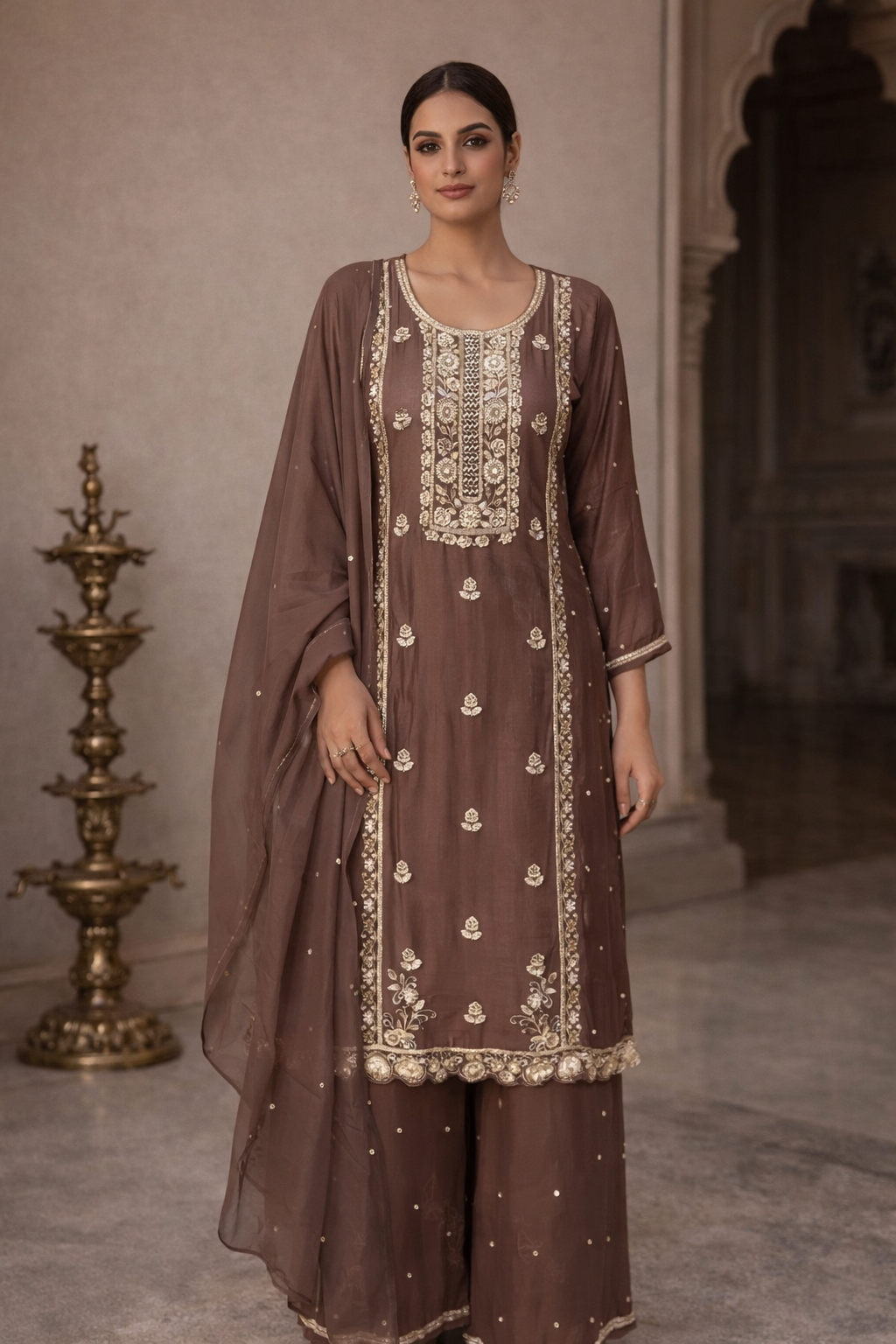 Mocha Embroidered Kurta Palazzo Set