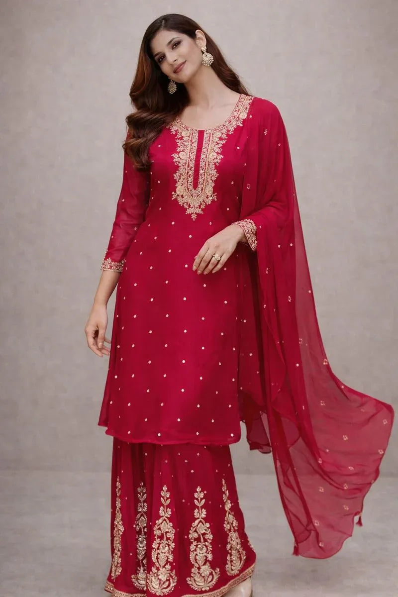 Deep Pink Palazzo Suit with Handcrafted Detailing |Label S4U - MishUUU