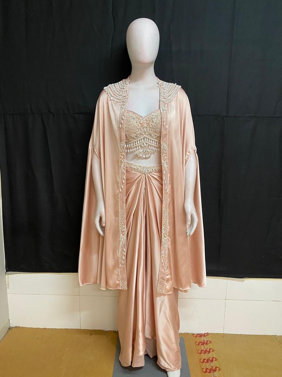 Soft Peach Pearl Cape Saree Set