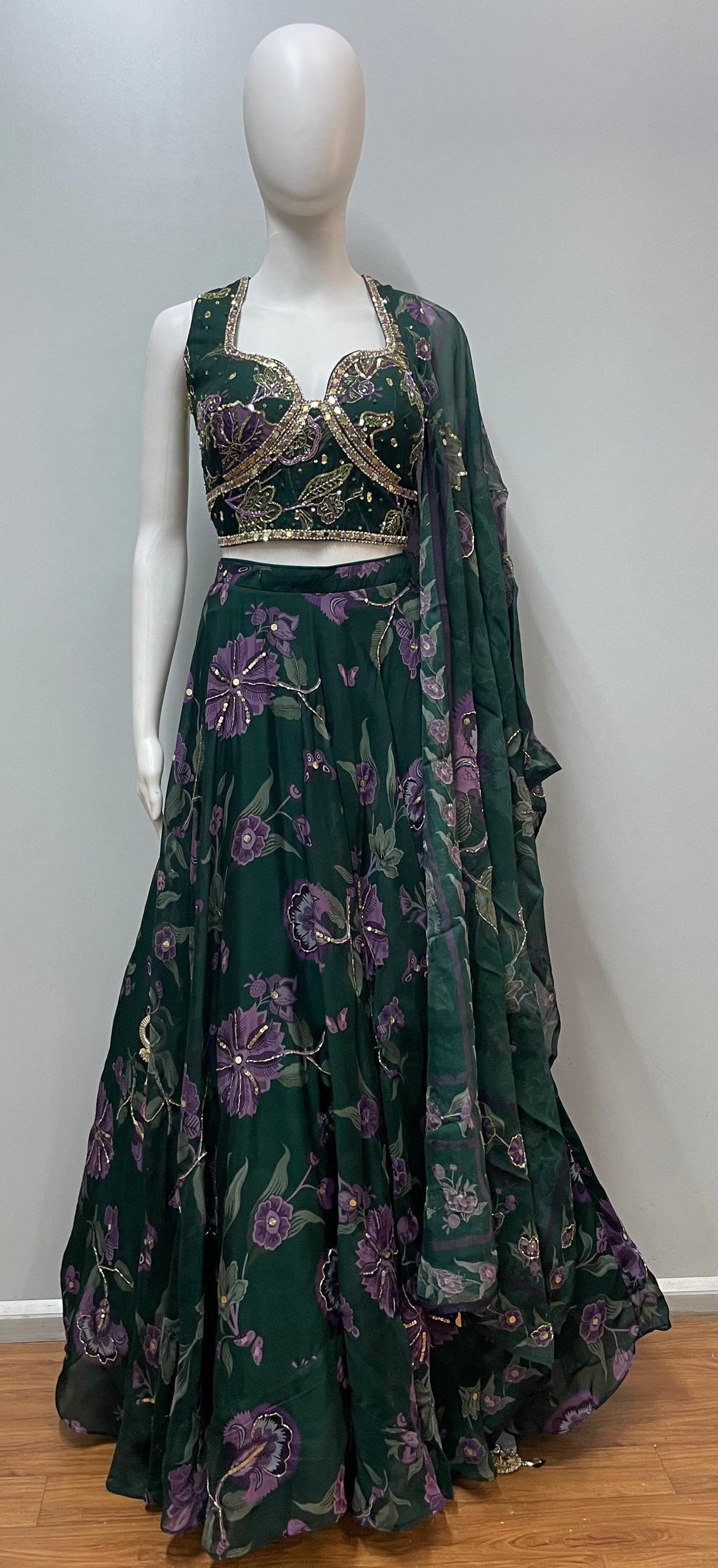 Forest Green Purple Floral Lehenga Ensemble
