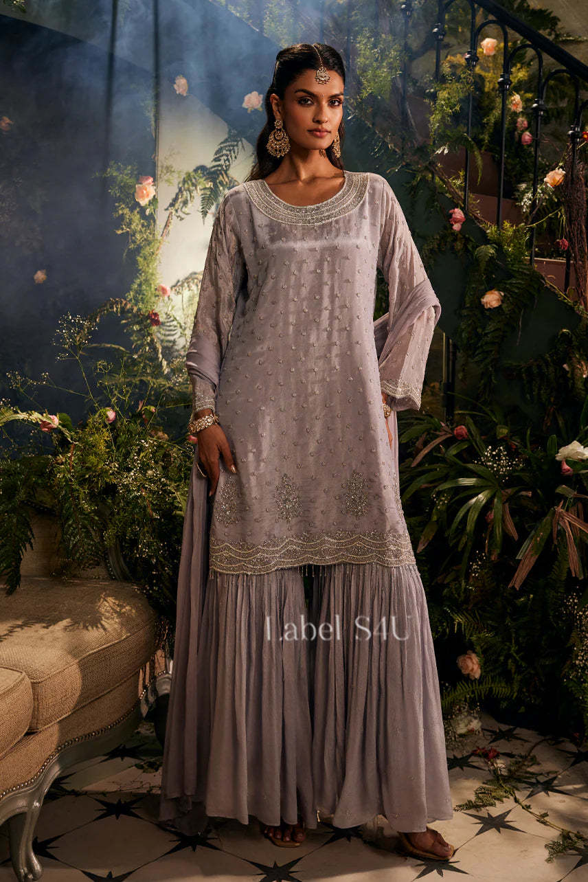 Taupe Mirror Embellished Luxe Sharara Set