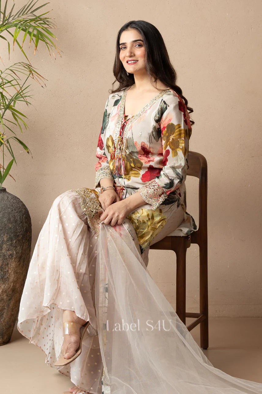 Ivory Floral Short Kurta & Sharara Set | Label S4U