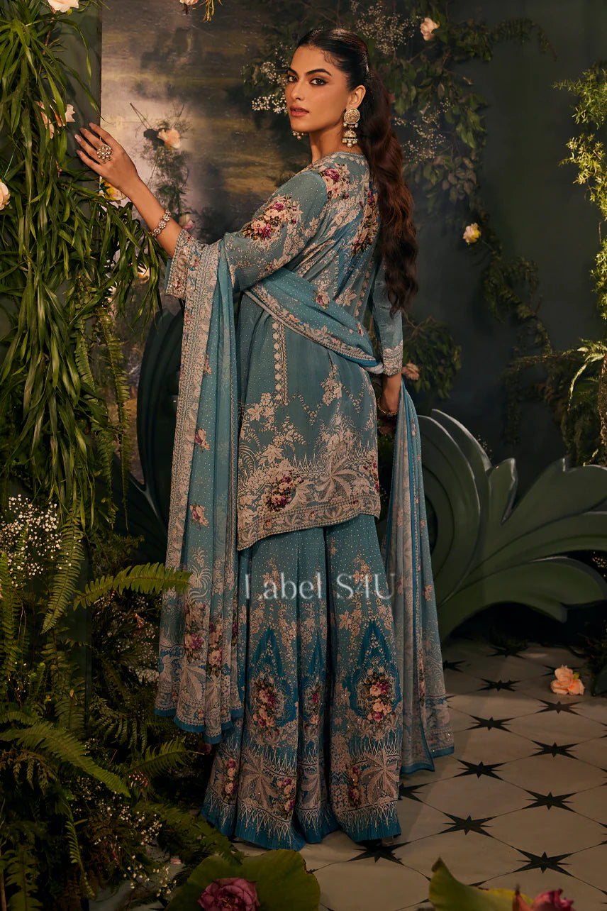 Teal Floral Embroidered Luxe Sharara Set