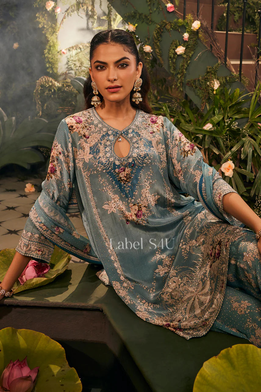 Teal Floral Embroidered Luxe Sharara Set