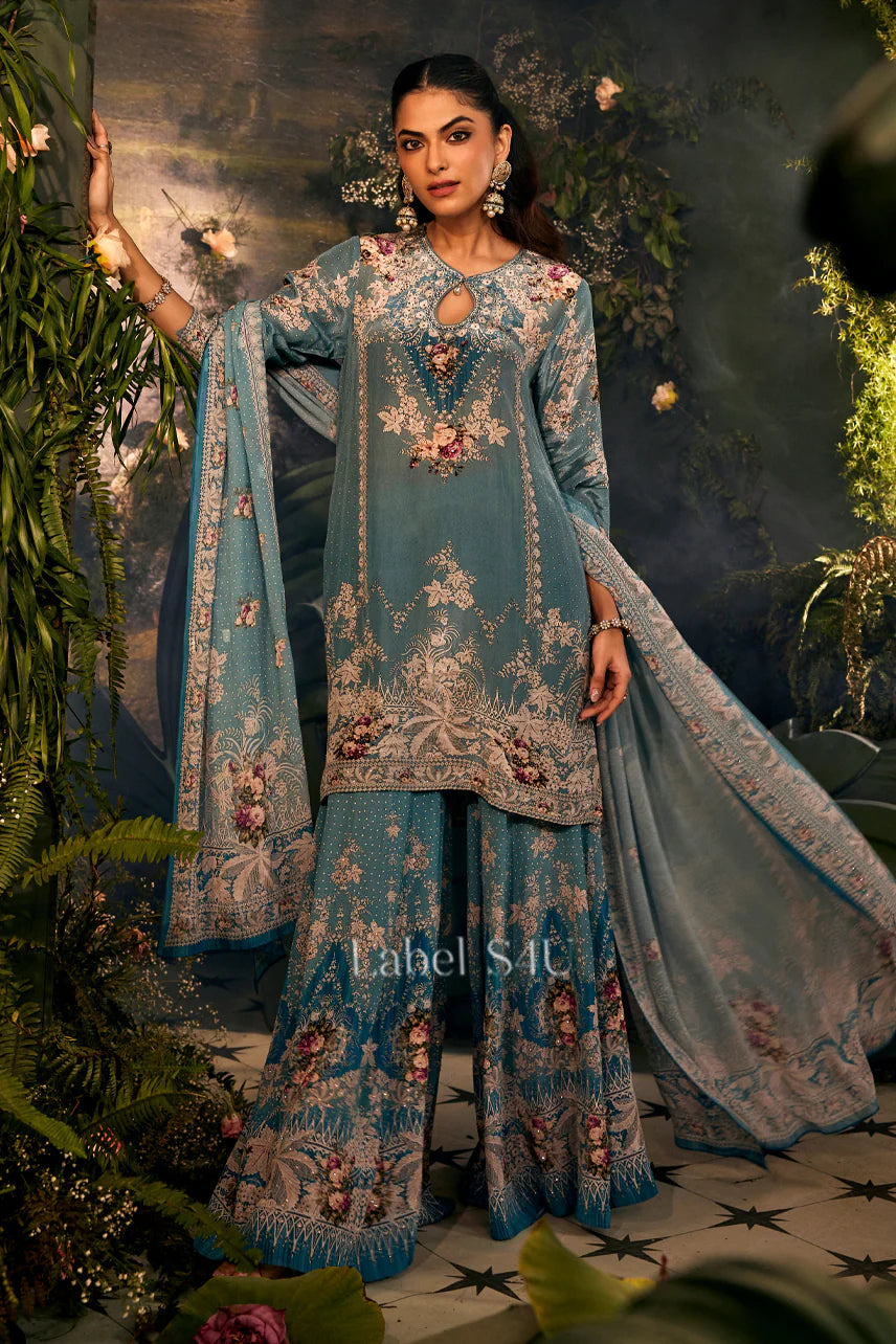 Teal Floral Embroidered Luxe Sharara Set