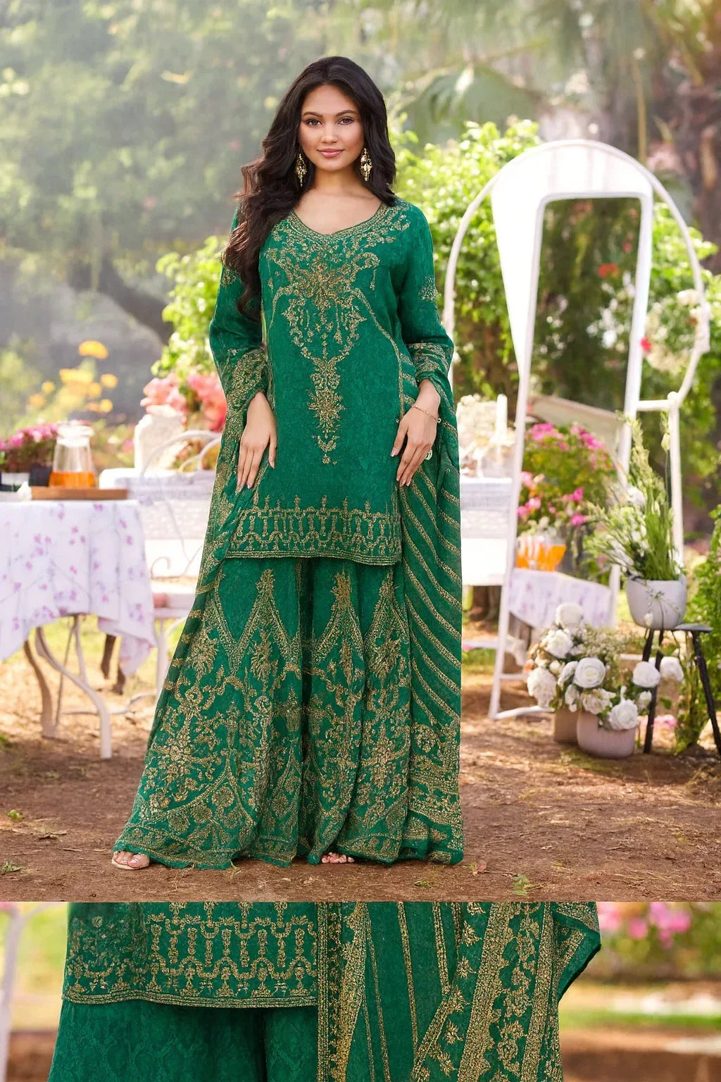 Emerald Green Palazzo Suit with Handcrafted Detailing - MishUUU