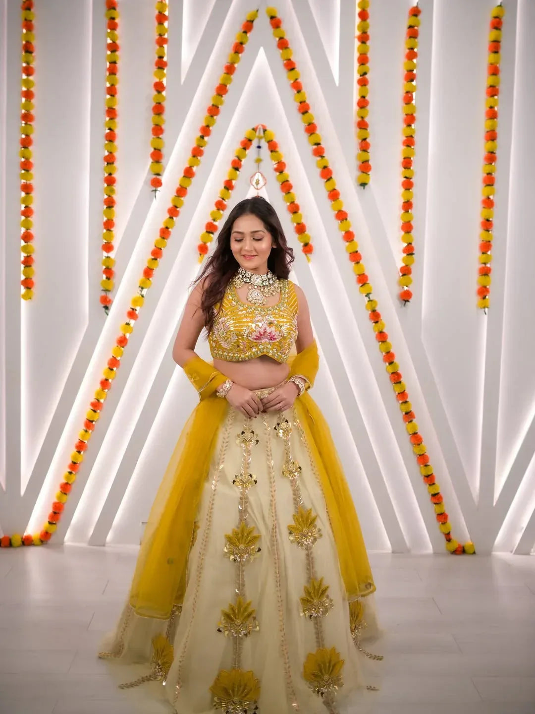 Mustard Yellow Floral Lehenga Set - MishUUU