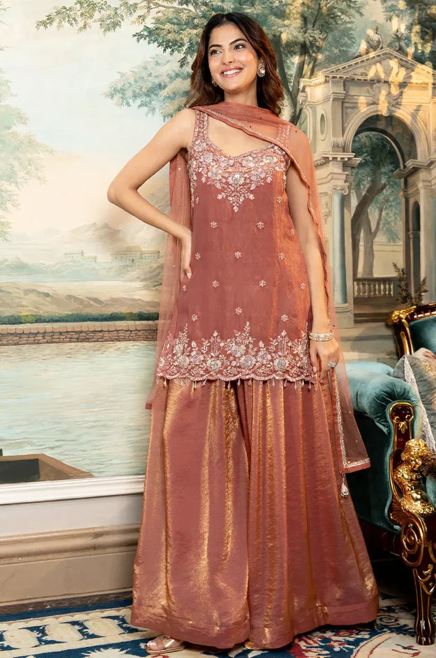 Rust Rose Embroidered Kurta with Shimmer Sharara Set - MishUUU