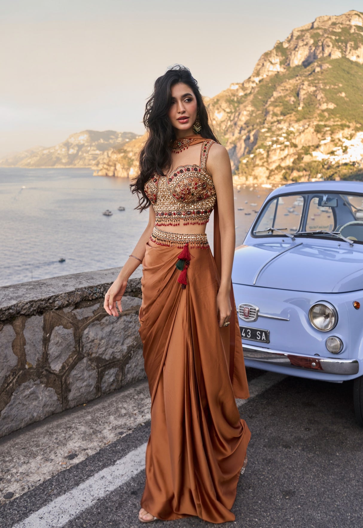 Copper Rust Embellished Draped Saree Set