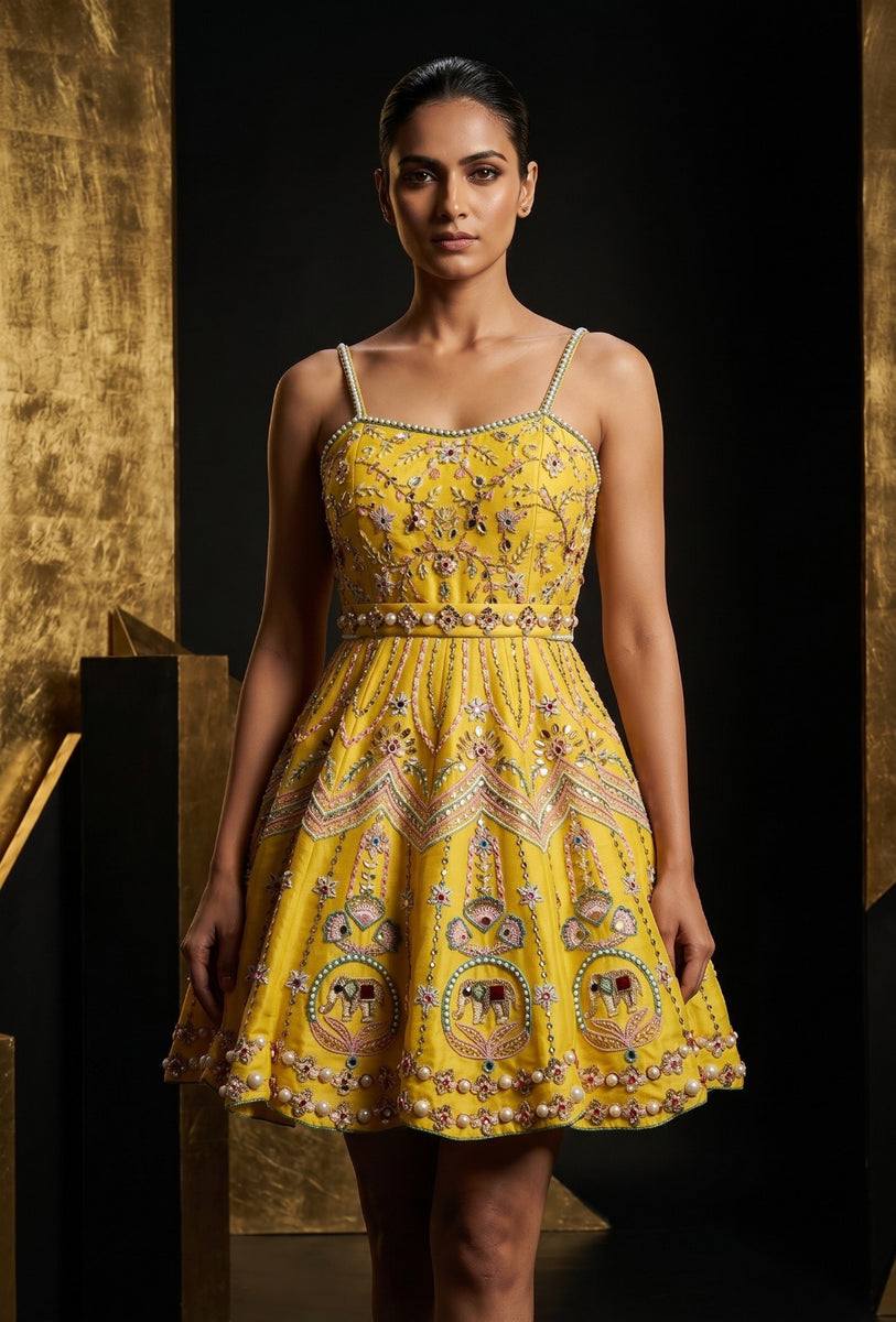 Yellow Jewel Embroidered Mini Dress (Delivery 40-45 days) MishUUU Yellow Jewel Embroidered Mini Dress (Delivery 40-45 days) MishUUU