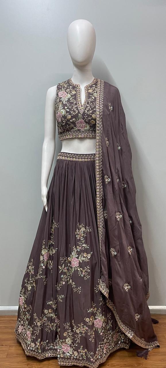 Mocha Rose Embroidered Lehenga Couture Set